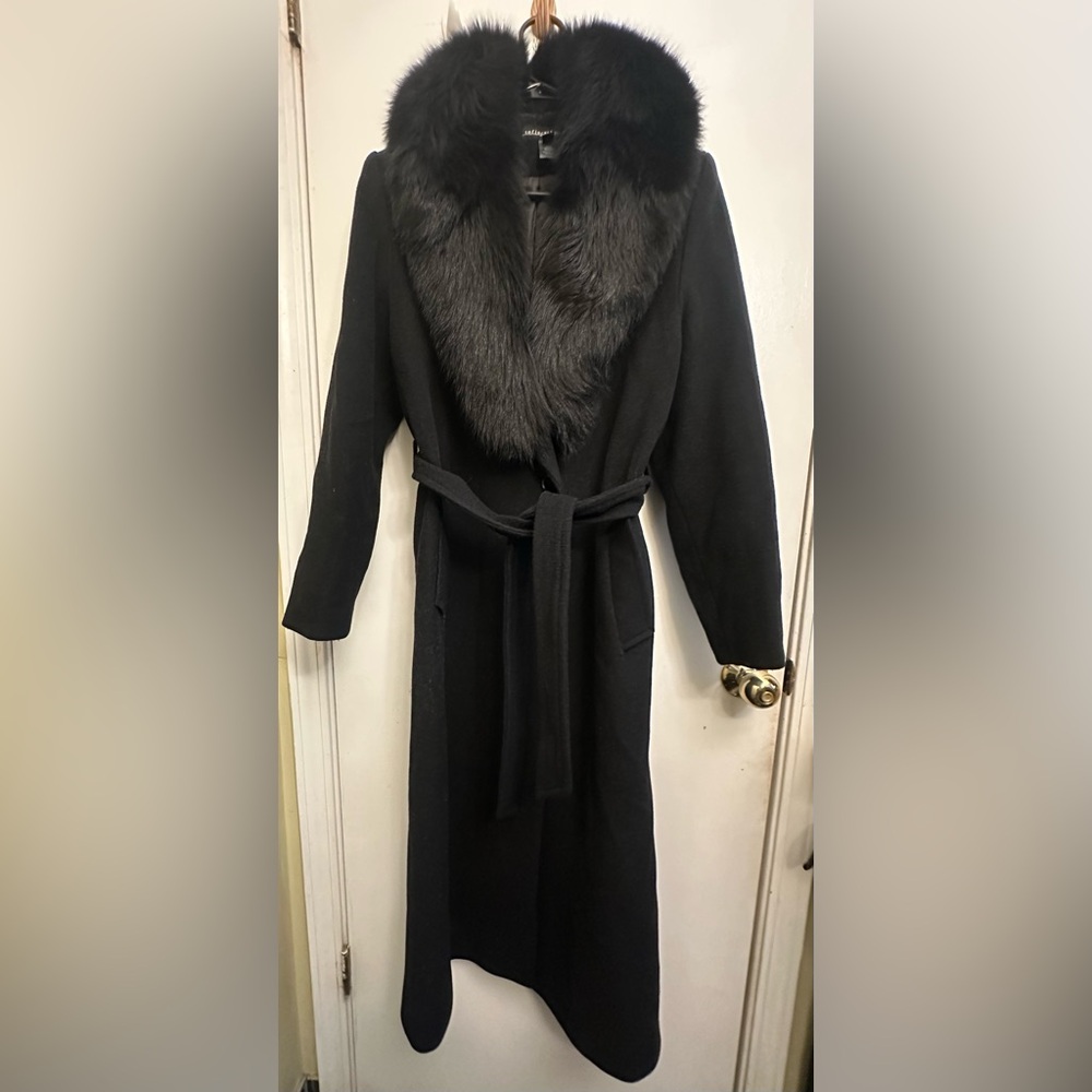 Sofia Cashmere Black Pea Coat with Fur Collar Full Length